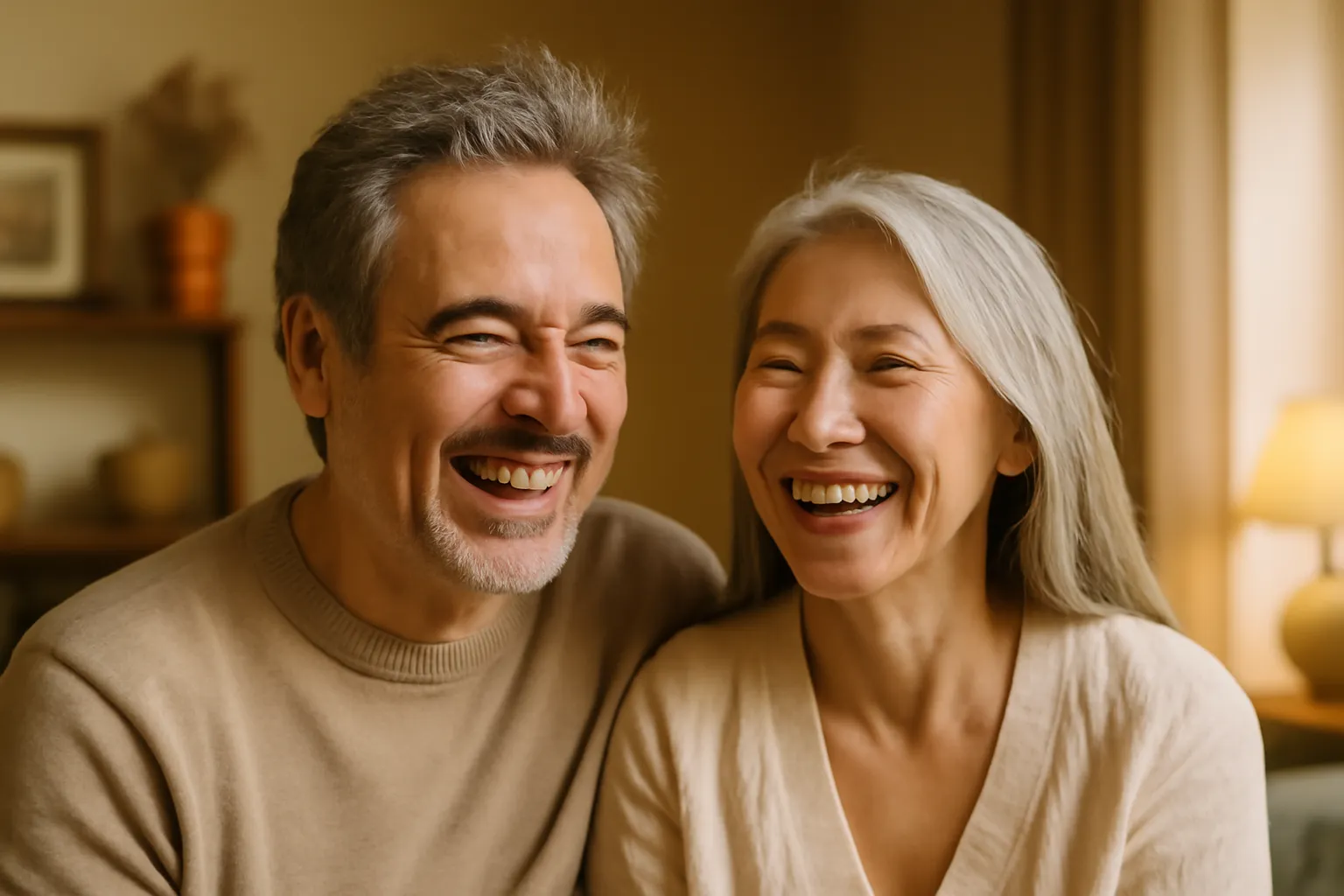 Middle-aged couple laughing together in their kitchen, wedding photo visible in the background