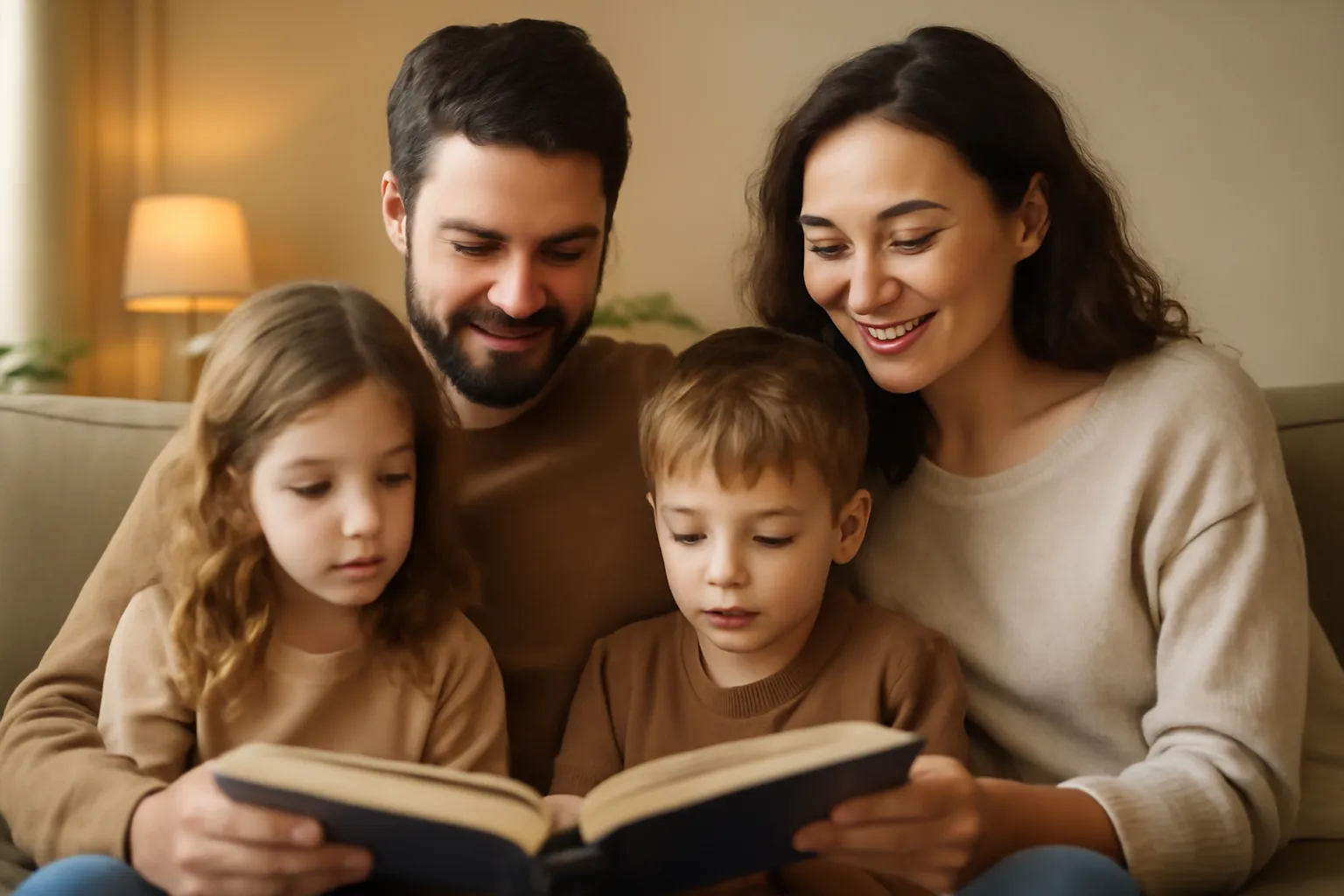 Mixed-heritage family reading a bilingual book together at home