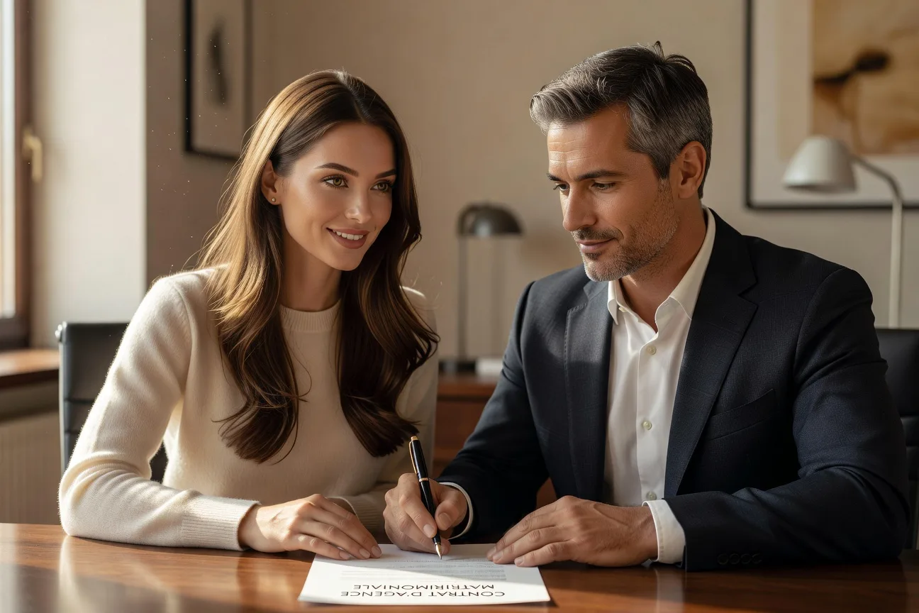 Couple franco-russe signant un contrat de rencontre dans une agence matrimoniale a Moscou