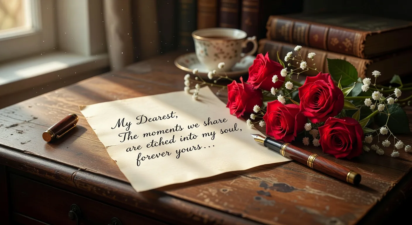 Creative love letter with flowers and vintage pen
