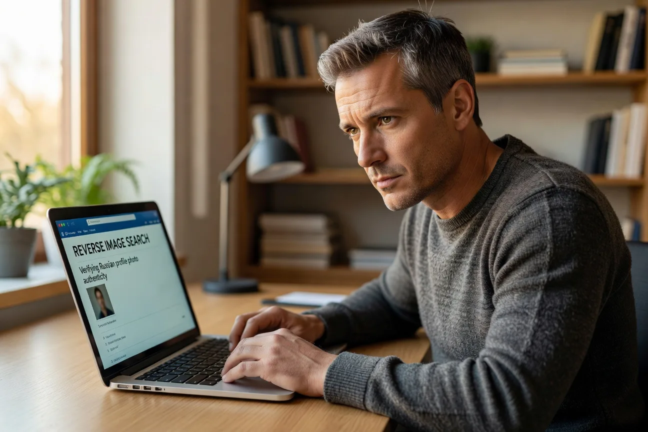 Homme francais verifiant une recherche d'image inversee sur un profil suspect de fiancee russe