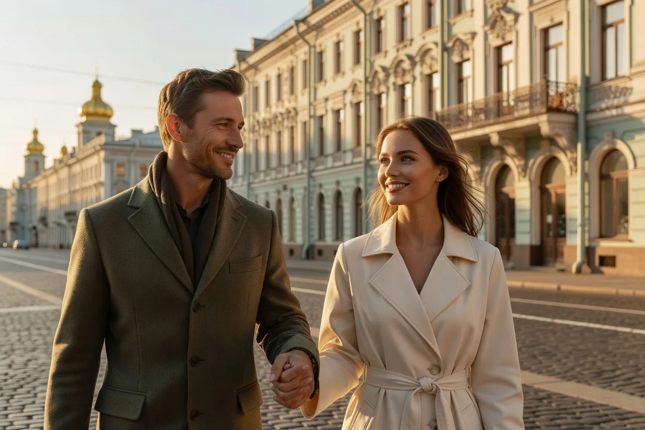 Russian woman and Western man walking on Nevsky Prospekt in Saint Petersburg 2026