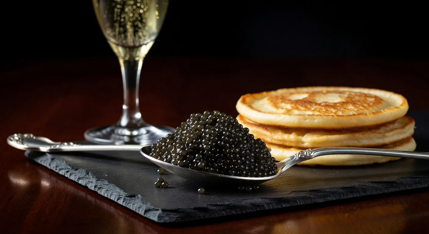Russian black caviar served with blinis