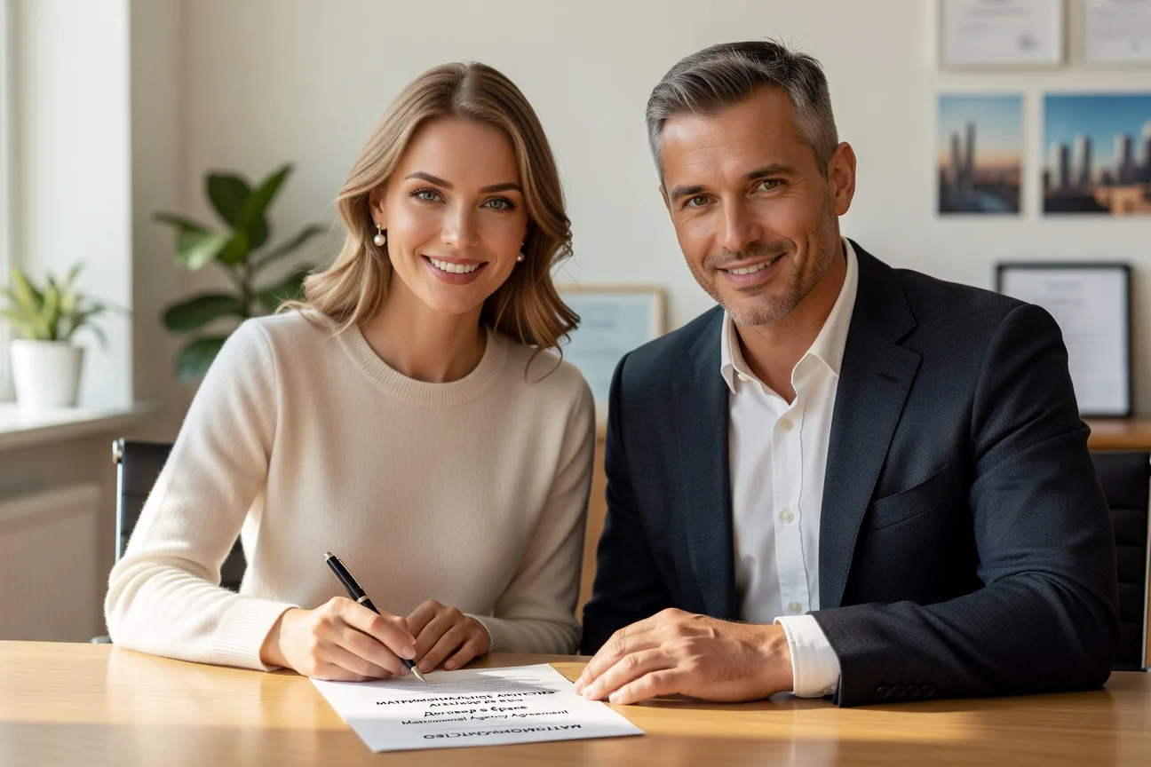 Русская невеста и западный жених подписывают соглашение в брачном агентстве в Москве