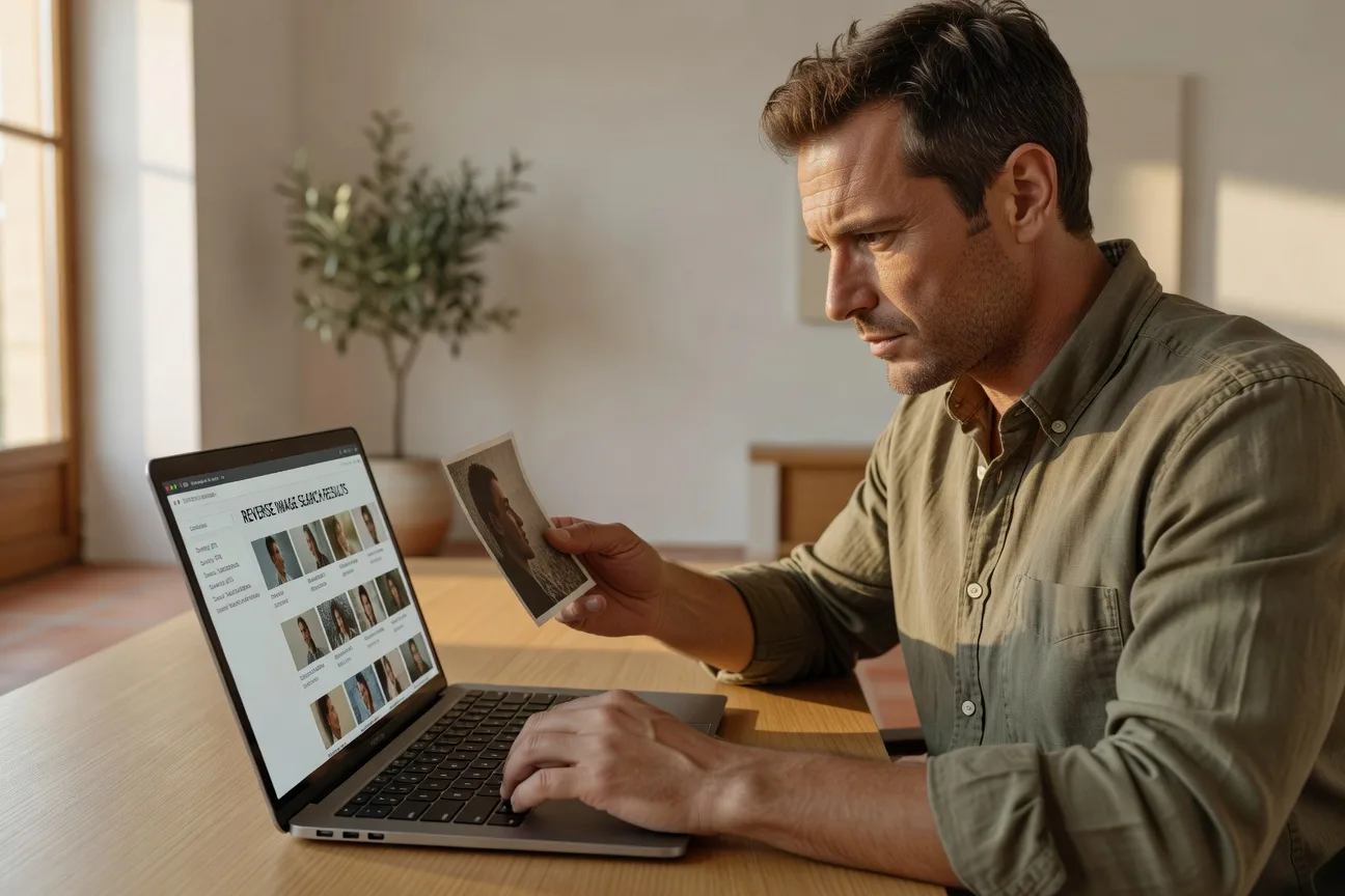 Hombre espanol verificando busqueda inversa en perfil sospechoso de novia rusa