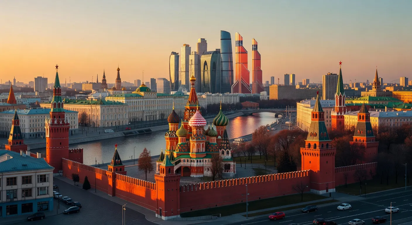 Moscow skyline with Kremlin at golden hour