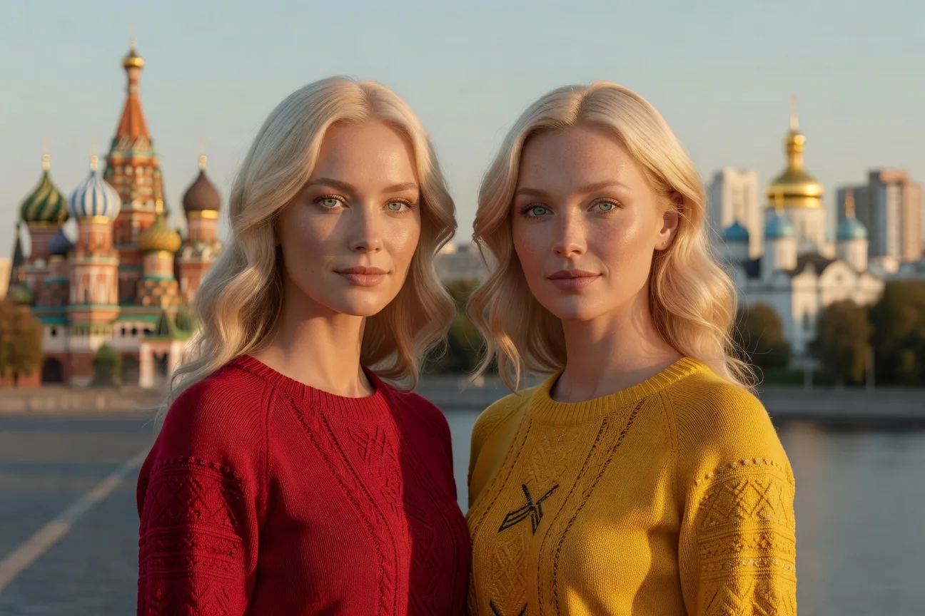 Femme russe sur la Place Rouge a Moscou et femme ukrainienne Place Sophie a Kyiv comparaison culturelle