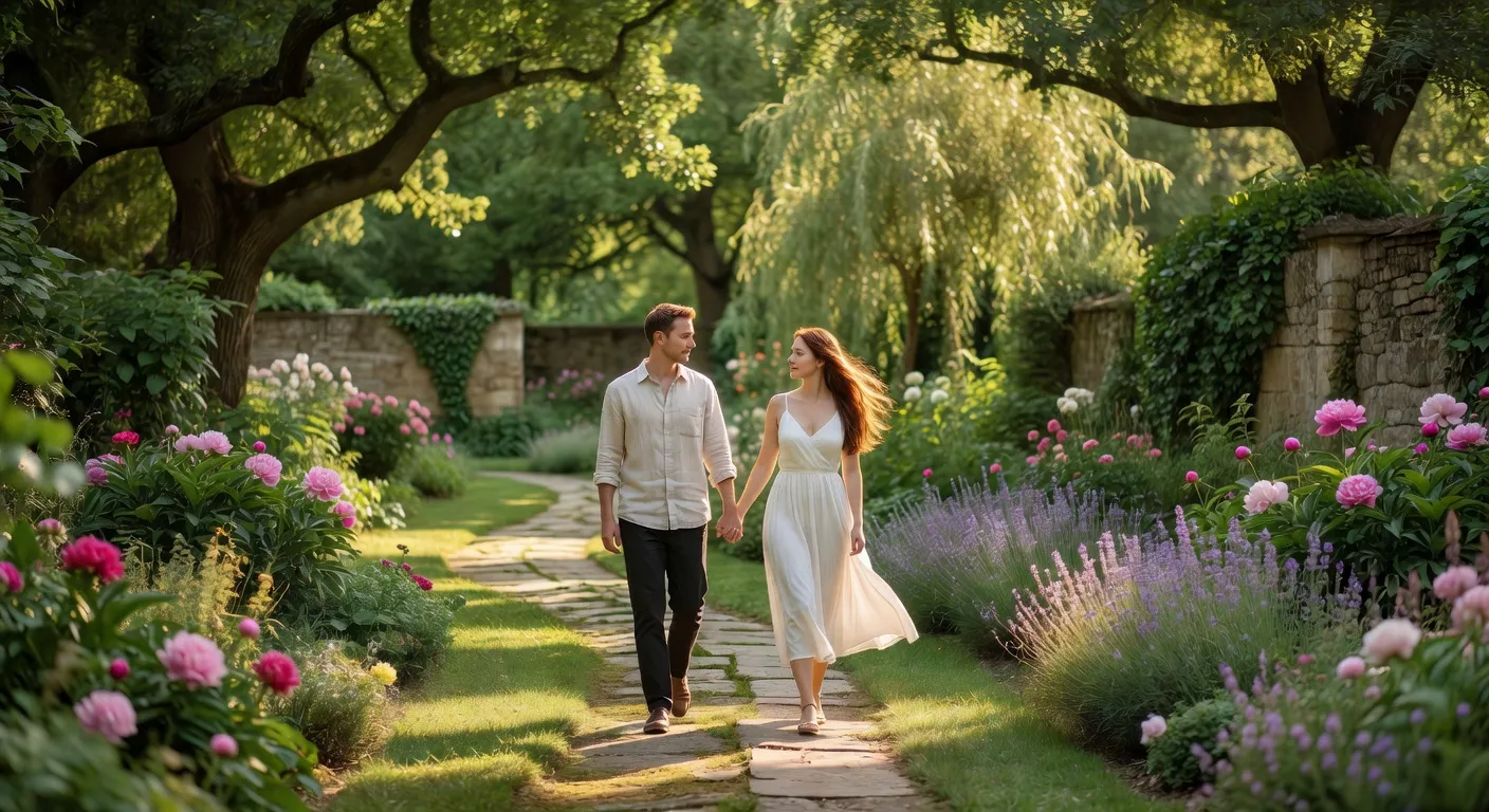 Couple holding hands in peaceful garden