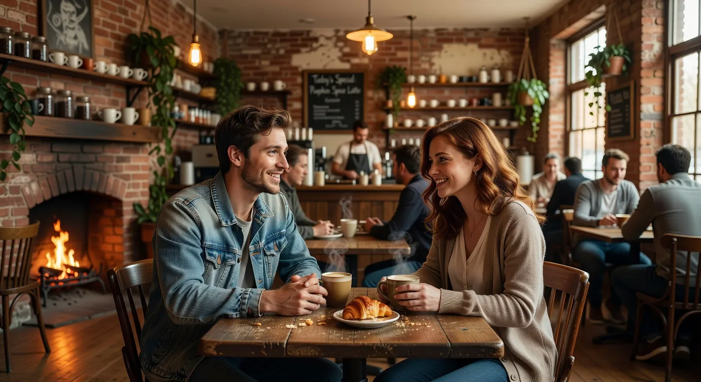 Couple meeting for the first time at a cafe