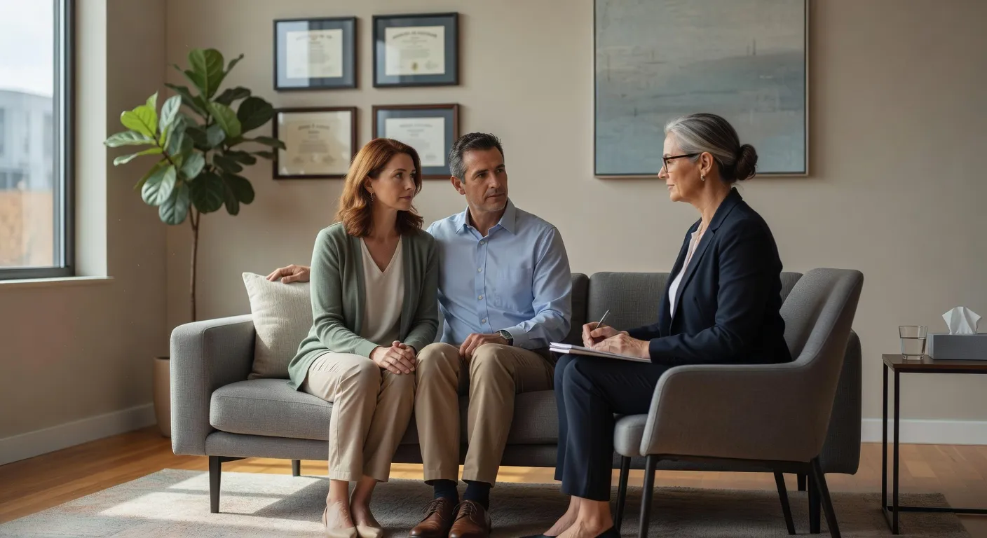 Couple in therapy session with psychologist