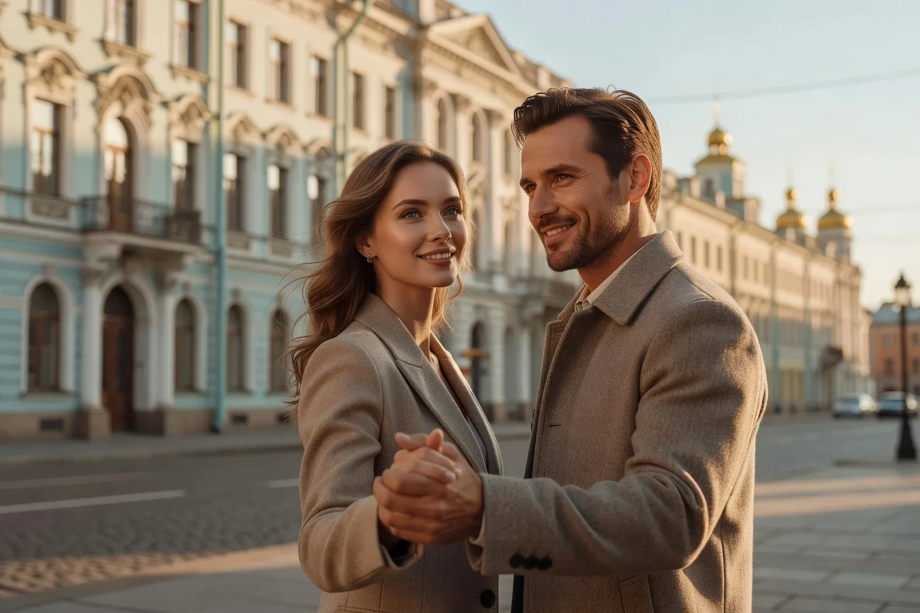 Русская женщина и иностранный мужчина гуляют по Невскому проспекту в Санкт-Петербурге 2026