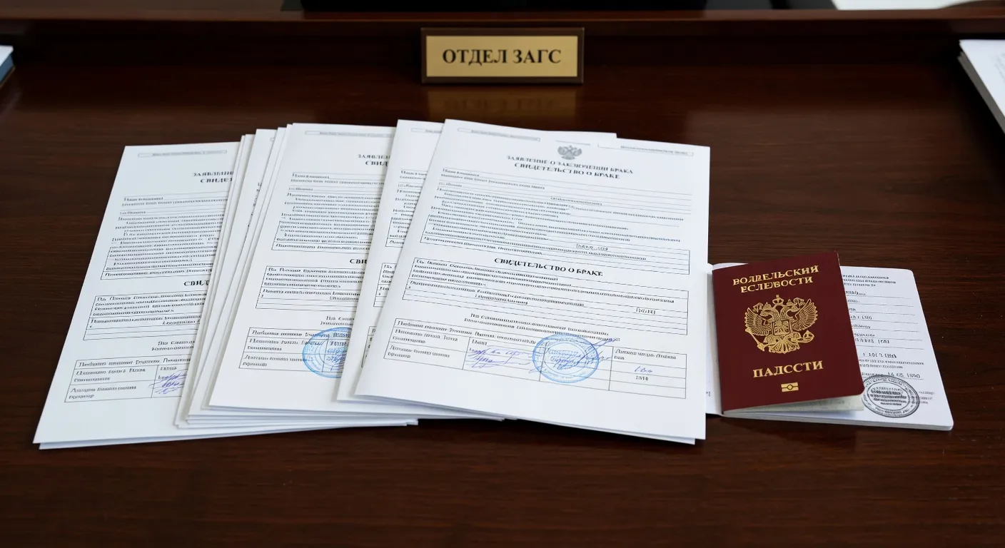 Marriage documents and passport at Russian ZAGS office