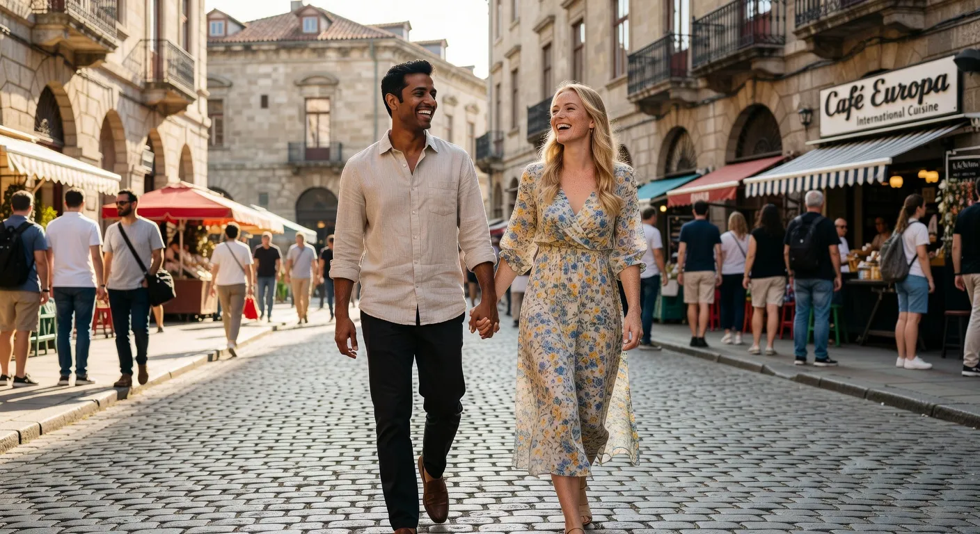 International couple in European city