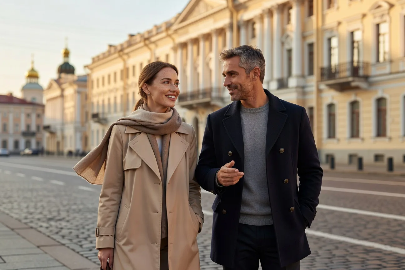 Femme russe et homme francais marchant sur la Perspective Nevski a Saint-Petersbourg 2026