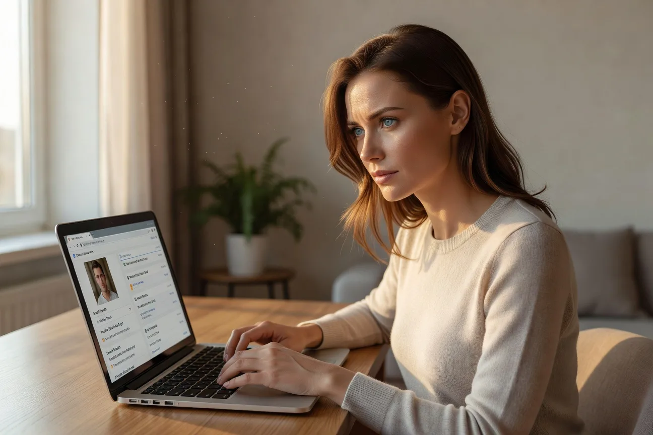 Русская женщина проверяет обратный поиск изображения на подозрительный профиль иностранного жениха