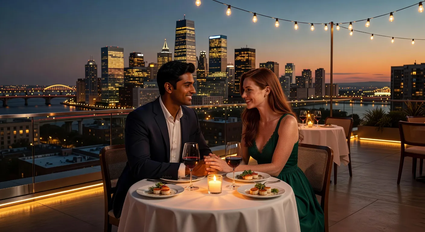 International couple at rooftop restaurant