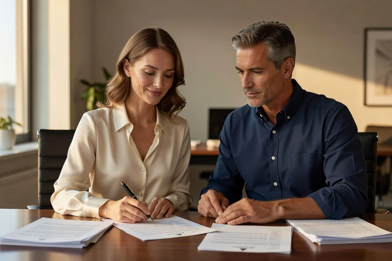 Slavic bride and Western groom signing marriage contract at Russian agency