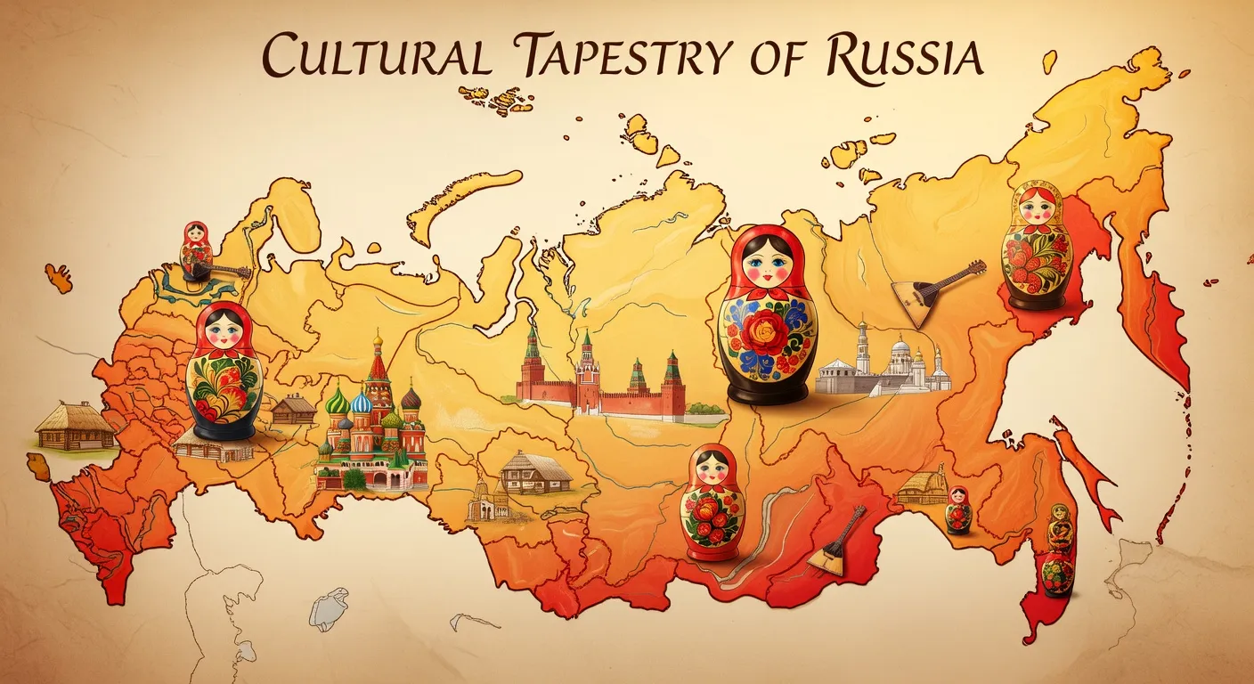 Map of Russia with cultural symbols