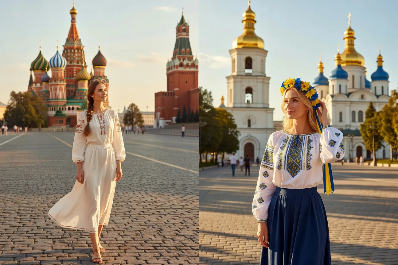Russian woman at Red Square Moscow and Ukrainian woman at Sofia Square Kyiv cultural comparison