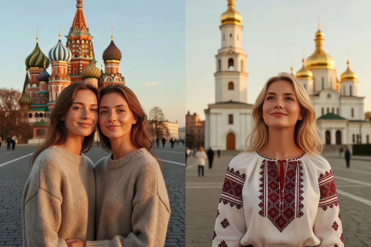 Русская женщина на Красной площади в Москве и украинка на Софийской площади в Киеве культурное сравнение