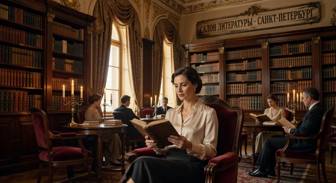 Elegant woman reading in St Petersburg salon