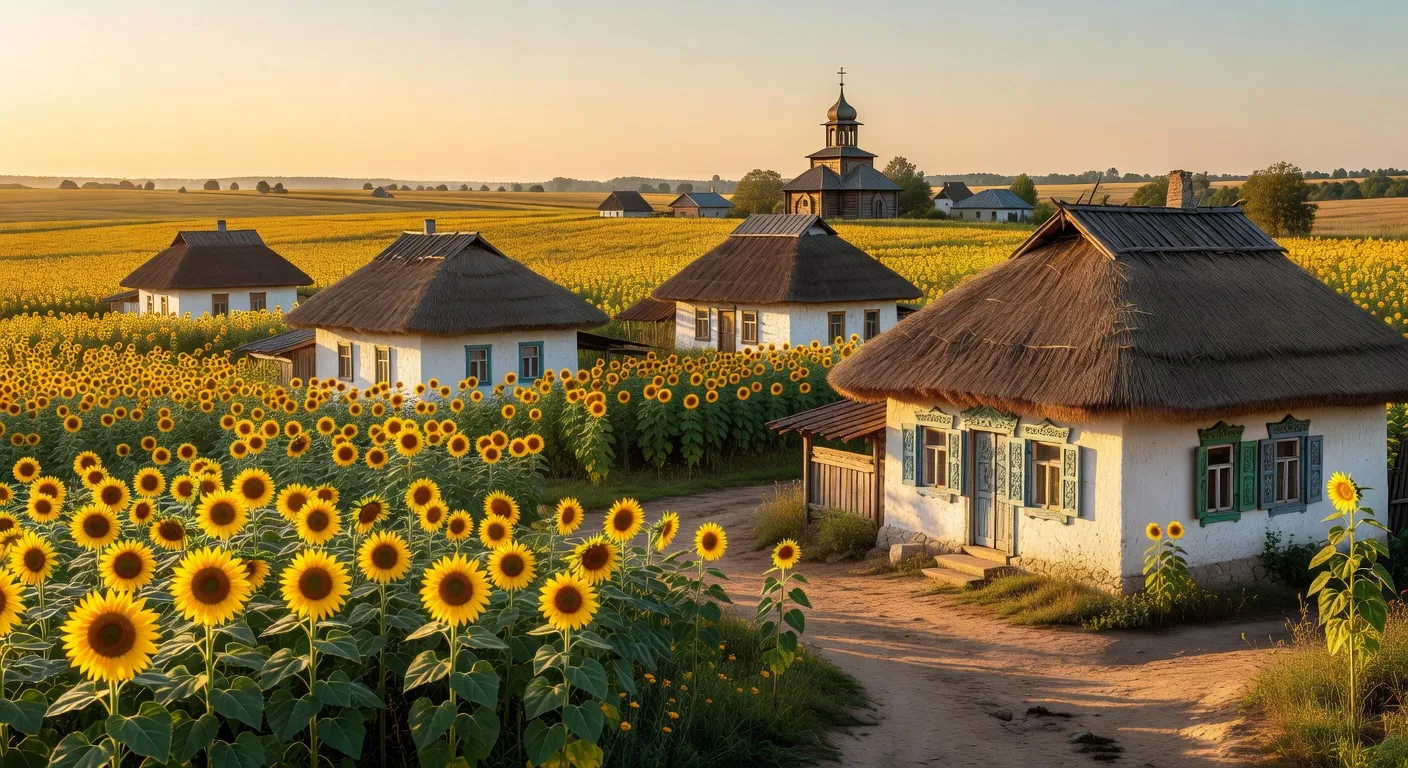 Ukrainian village with sunflower fields