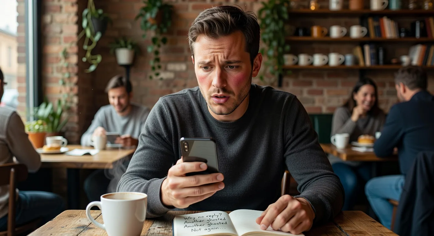 Man looking at phone puzzled while online dating