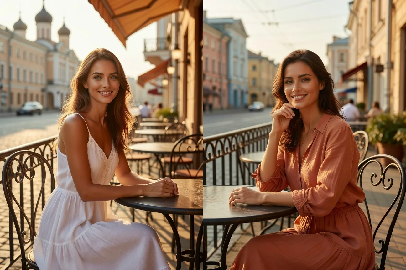 Mujer rusa y mujer ucraniana lado a lado en entornos estivales tradicionales Moscu y Kyiv 2026