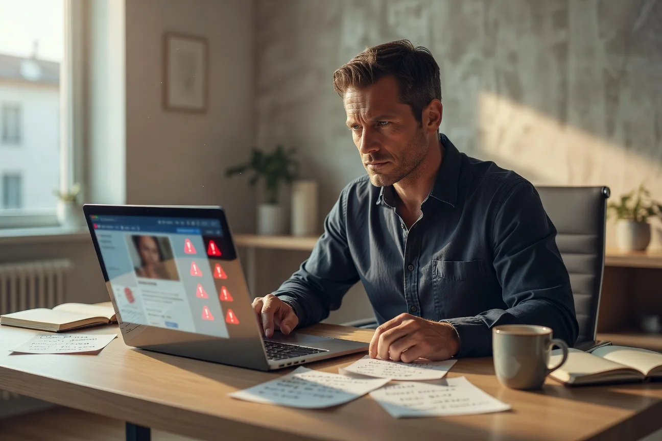 Warning signs for Russian bride scams 2026 computer screen with red alert icons