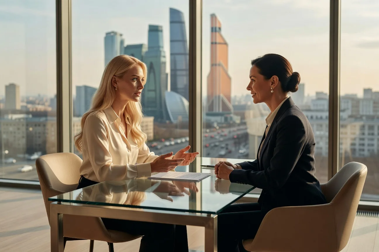 Russian marriage agency office with consultant meeting Western man and Slavic woman in Moscow 2026