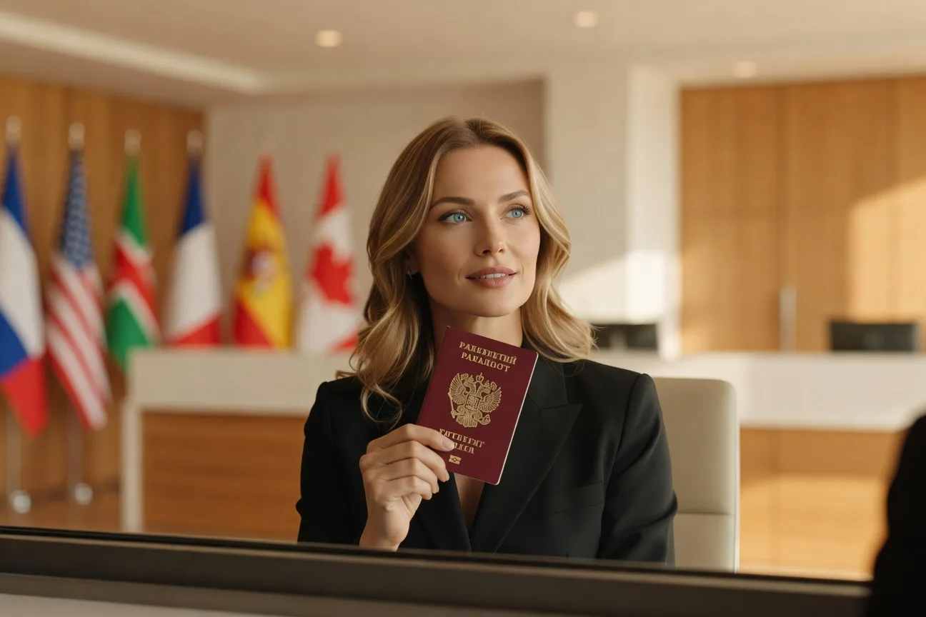 Документы для визы невесты: российский паспорт и флаги США Франции Канады Испании 2026